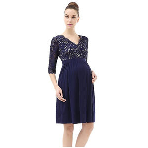 Momo Maternity Lace V-Neck Empire Waist Dress Navy Size M